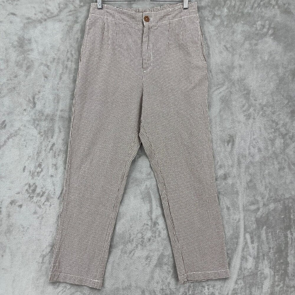 Free People Kate Plaid Straight Leg Pants Gingham Brown White Cotton